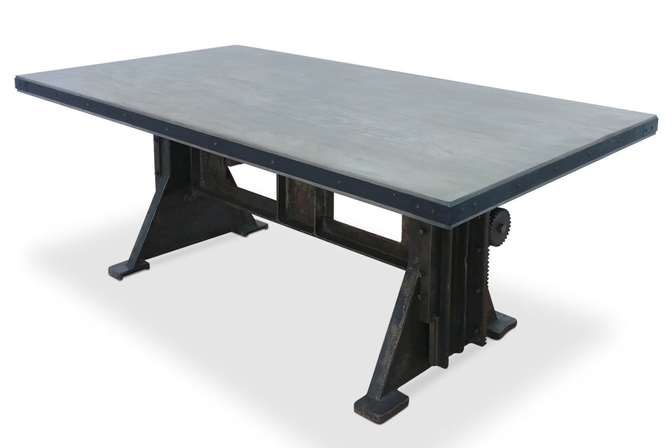 Craftsman Industrial Dining Table - Adjustable Height Iron Base - Gray Top - Rustic Deco