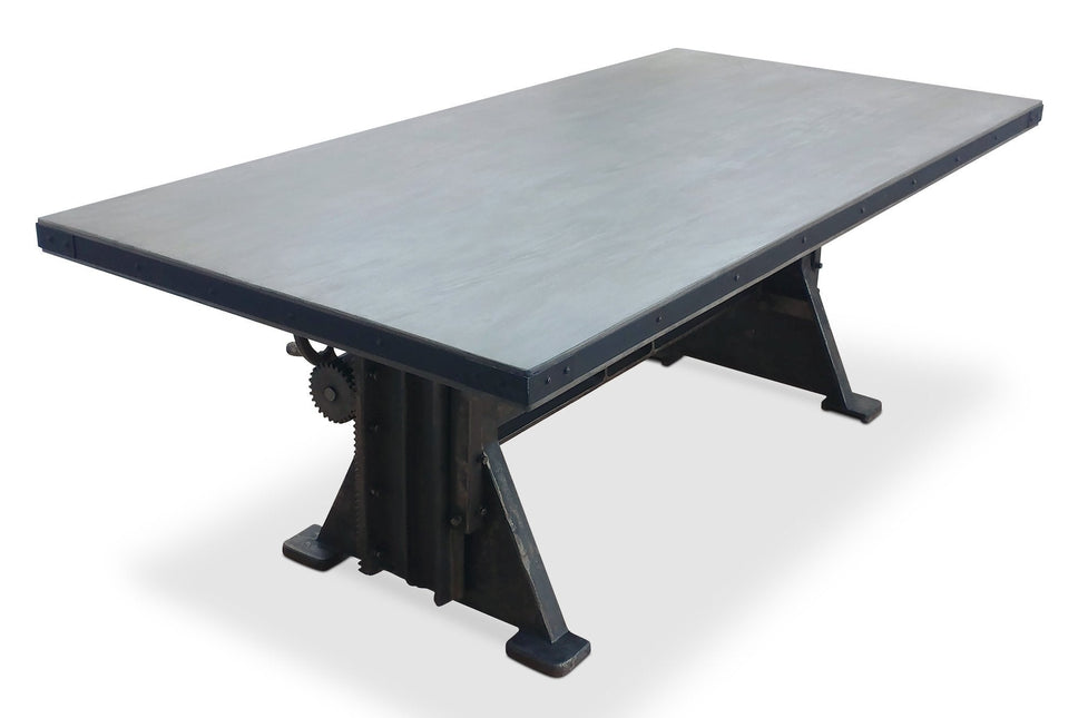 Craftsman Industrial Dining Table - Adjustable Height Iron Base - Gray Top - Rustic Deco