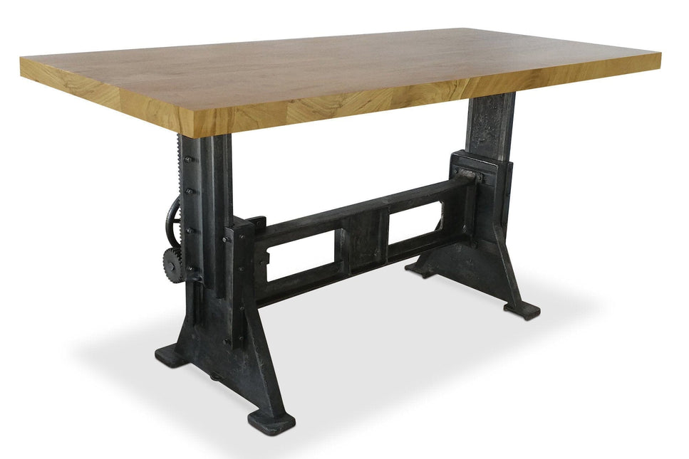 Craftsman Industrial Dining Table - Adjustable Height Iron Base - Hardwood - Rustic Deco