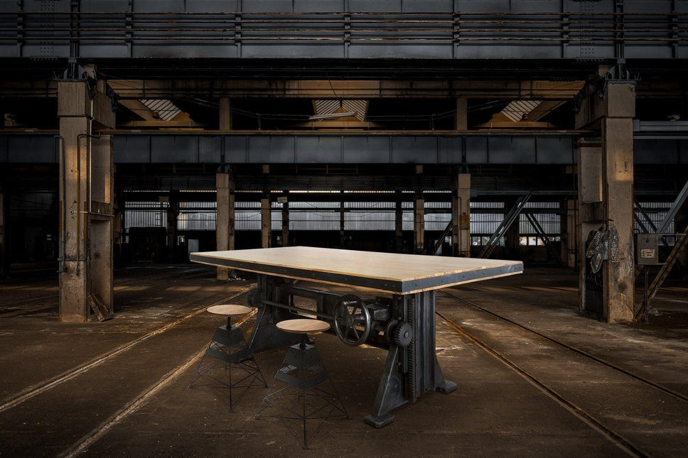 Craftsman Industrial Dining Table - Adjustable Height Iron Base - Hardwood - Rustic Deco