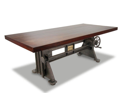 Craftsman Industrial Dining Table - Adjustable Height Iron Base - Mahogany Top - Rustic Deco