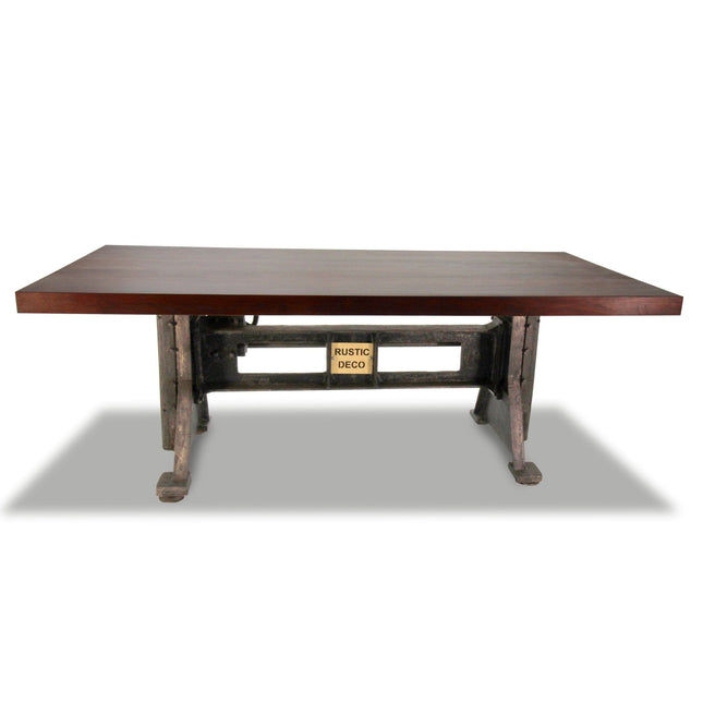 Craftsman Industrial Dining Table - Adjustable Height Iron Base - Mahogany Top - Rustic Deco