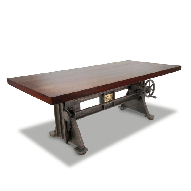 Craftsman Industrial Dining Table - Adjustable Height Iron Base - Mahogany Top - Rustic Deco