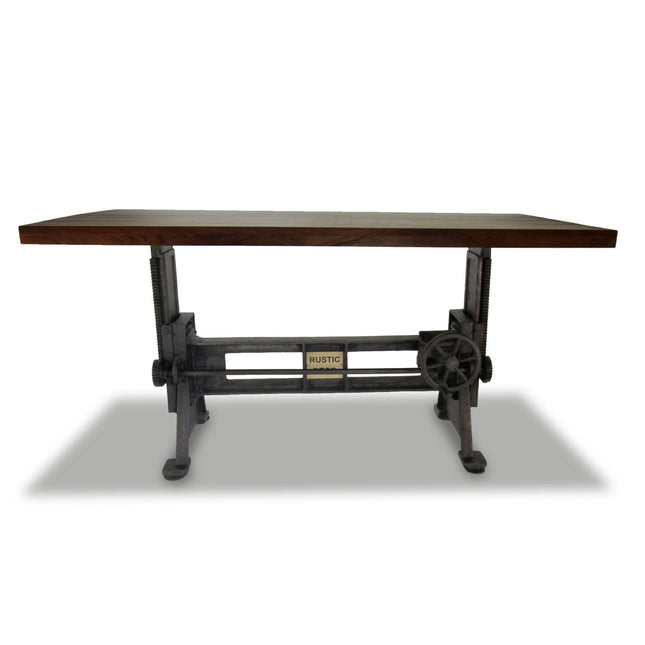 Craftsman Industrial Dining Table - Adjustable Height Iron Base - Walnut Finish - Rustic Deco