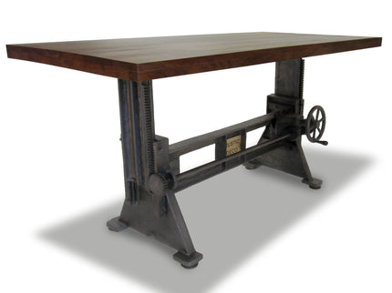 Craftsman Industrial Dining Table - Adjustable Height Iron Base - Walnut Finish - Rustic Deco