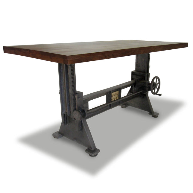 Craftsman Industrial Dining Table - Adjustable Height Iron Base - Walnut Finish - Rustic Deco