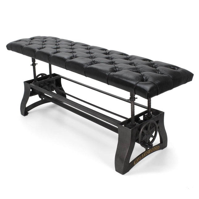Crescent Industrial Dining Bench - Adjustable Iron Base - Black Leather Seat - Rustic Deco