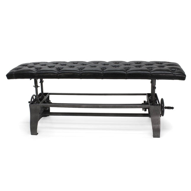 Crescent Industrial Dining Bench - Adjustable Iron Base - Black Leather Seat - Rustic Deco