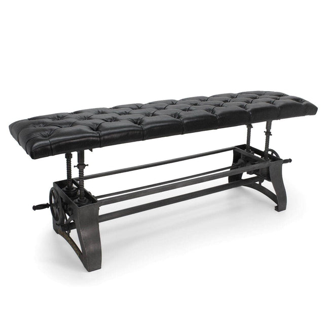 Crescent Industrial Dining Bench - Adjustable Iron Base - Black Leather Seat - Rustic Deco