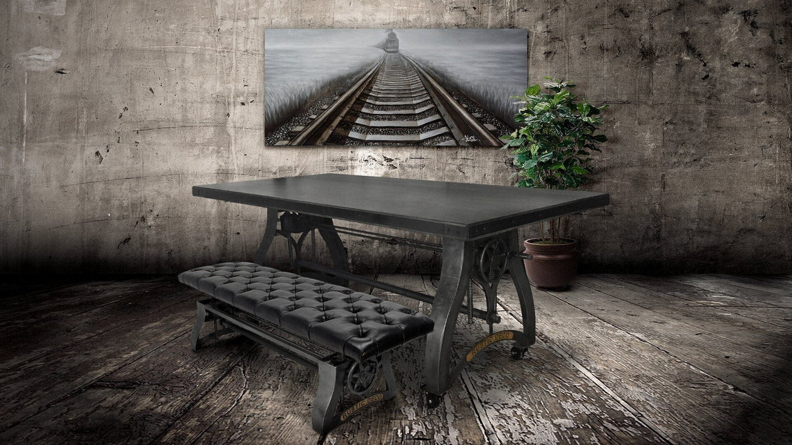 Crescent Industrial Dining Bench - Adjustable Iron Base - Black Leather Seat - Rustic Deco