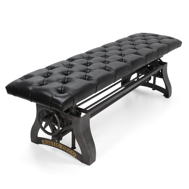 Crescent Industrial Dining Bench - Adjustable Iron Base - Black Leather Seat - Rustic Deco