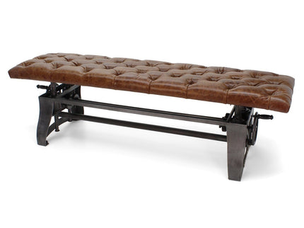 Crescent Industrial Dining Bench - Adjustable Iron Base - Brown Leather Seat - Rustic Deco