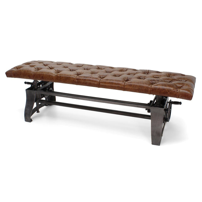 Crescent Industrial Dining Bench - Adjustable Iron Base - Brown Leather Seat - Rustic Deco