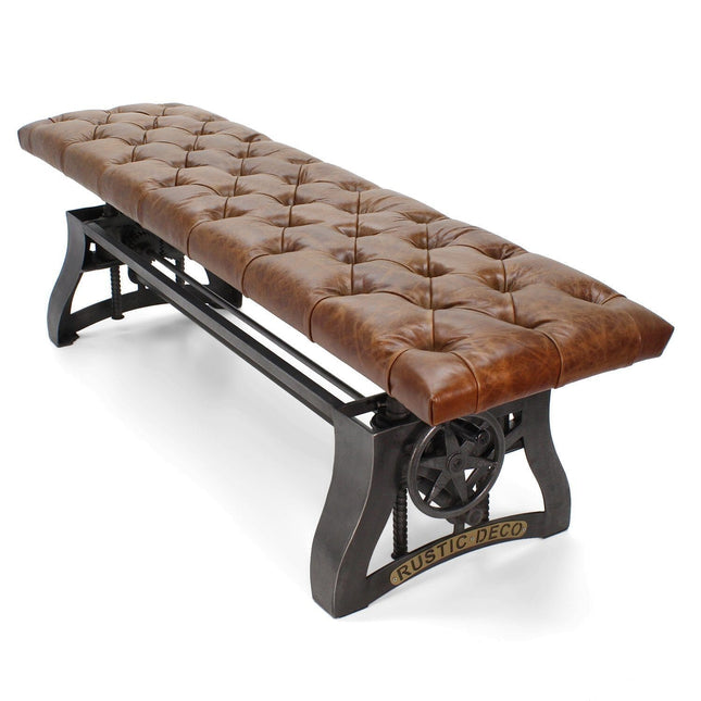 Crescent Industrial Dining Bench - Adjustable Iron Base - Brown Leather Seat - Rustic Deco