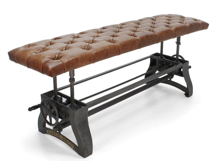 Crescent Industrial Dining Bench - Adjustable Iron Base - Brown Leather Seat - Rustic Deco