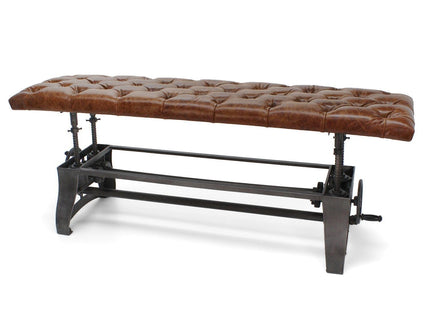 Crescent Industrial Dining Bench - Adjustable Iron Base - Brown Leather Seat - Rustic Deco