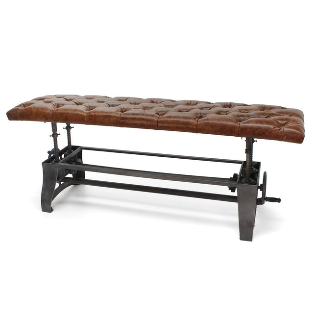 Crescent Industrial Dining Bench - Adjustable Iron Base - Brown Leather Seat - Rustic Deco