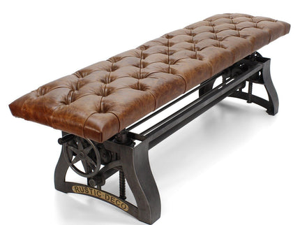 Crescent Industrial Dining Bench - Adjustable Iron Base - Brown Leather Seat - Rustic Deco