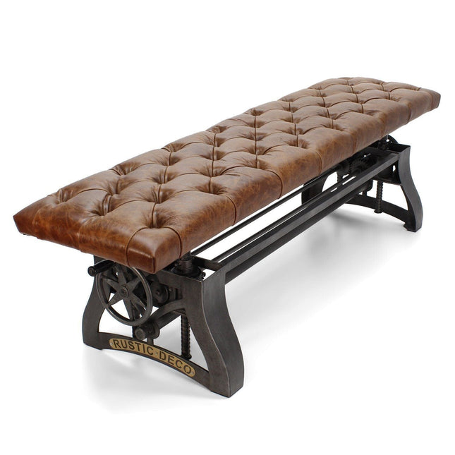 Crescent Industrial Dining Bench - Adjustable Iron Base - Brown Leather Seat - Rustic Deco