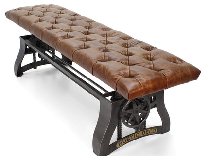 Crescent Industrial Dining Bench - Adjustable Iron Base - Brown Leather Seat - Rustic Deco