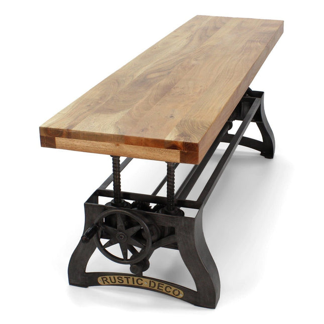 Crescent Industrial Dining Bench - Adjustable Iron Base - Hardwood Seat - Rustic Deco