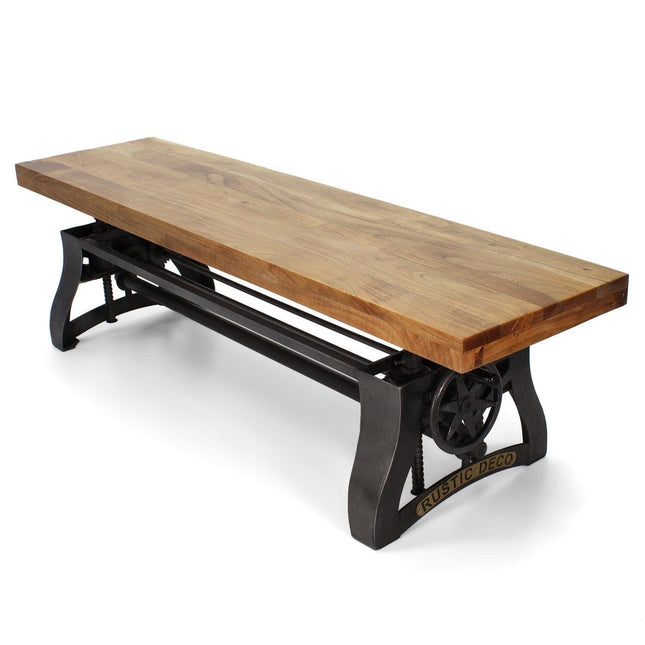 Crescent Industrial Dining Bench - Adjustable Iron Base - Hardwood Seat - Rustic Deco