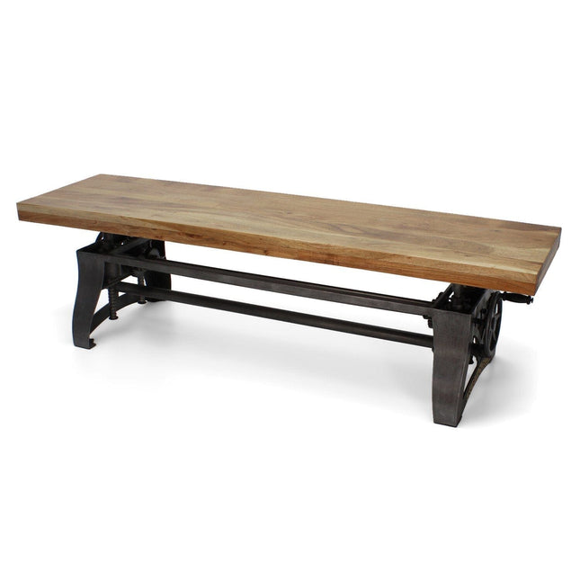 Crescent Industrial Dining Bench - Adjustable Iron Base - Hardwood Seat - Rustic Deco