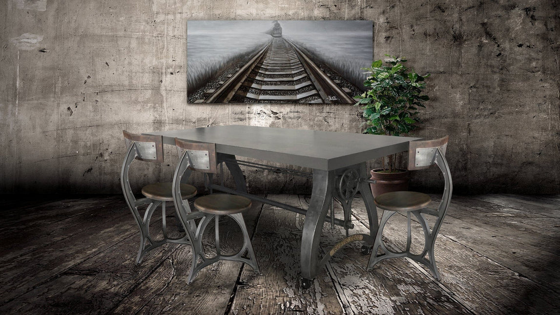 Crescent Industrial Dining Table - Adjustable Height - Casters - Gray Top - Rustic Deco