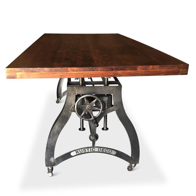 Crescent Industrial Dining Table - Adjustable Height - Casters - Mahogany - Rustic Deco