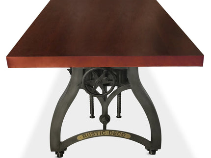 Crescent Industrial Dining Table - Adjustable Height - Casters - Mahogany - Rustic Deco