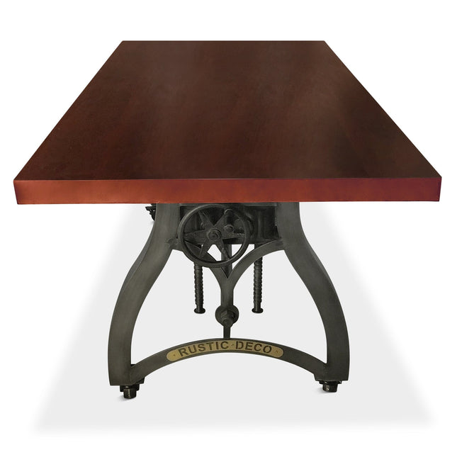 Crescent Industrial Dining Table - Adjustable Height - Casters - Mahogany - Rustic Deco