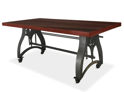 Crescent Industrial Dining Table - Adjustable Height - Casters - Mahogany - Rustic Deco