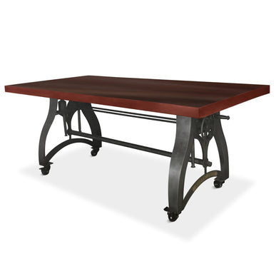 Crescent Industrial Dining Table - Adjustable Height - Casters - Mahogany - Rustic Deco