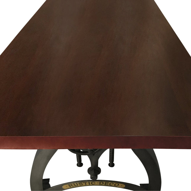 Crescent Industrial Dining Table - Adjustable Height - Casters - Mahogany - Rustic Deco