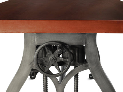 Crescent Industrial Dining Table - Adjustable Height - Casters - Mahogany - Rustic Deco