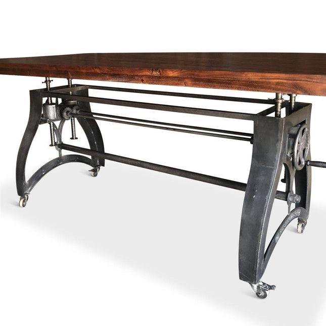 Crescent Industrial Dining Table - Adjustable Height - Casters - Mahogany - Rustic Deco