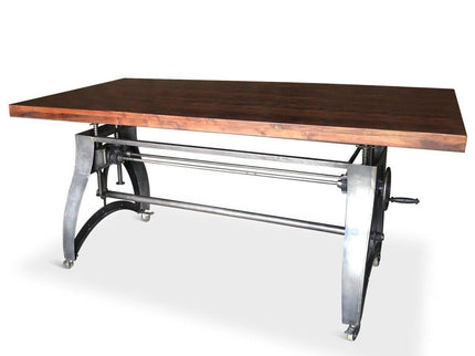 Crescent Industrial Dining Table - Adjustable Height - Casters - Mahogany - Rustic Deco