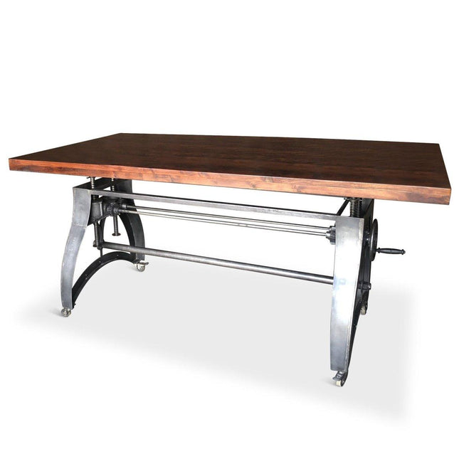 Crescent Industrial Dining Table - Adjustable Height - Casters - Mahogany - Rustic Deco