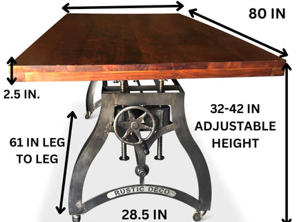 Crescent Industrial Dining Table - Adjustable Height - Casters - Mahogany - Rustic Deco