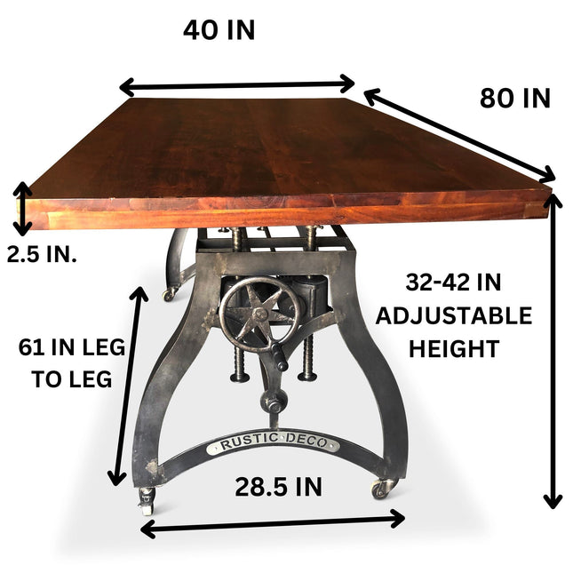 Crescent Industrial Dining Table - Adjustable Height - Casters - Mahogany - Rustic Deco