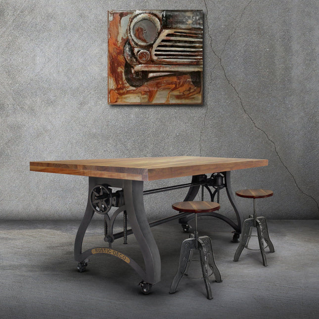Crescent Industrial Dining Table - Adjustable Height - Casters - Natural Top - Rustic Deco
