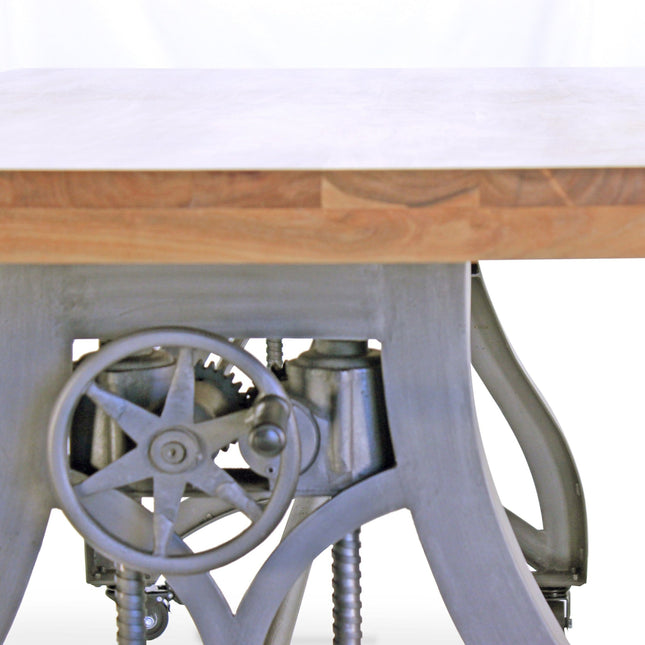 Crescent Industrial Dining Table - Adjustable Height - Casters - Natural Top - Rustic Deco