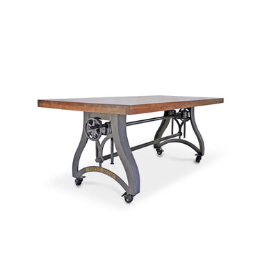 Crescent Industrial Dining Table - Adjustable Height - Casters - Natural Top - Rustic Deco