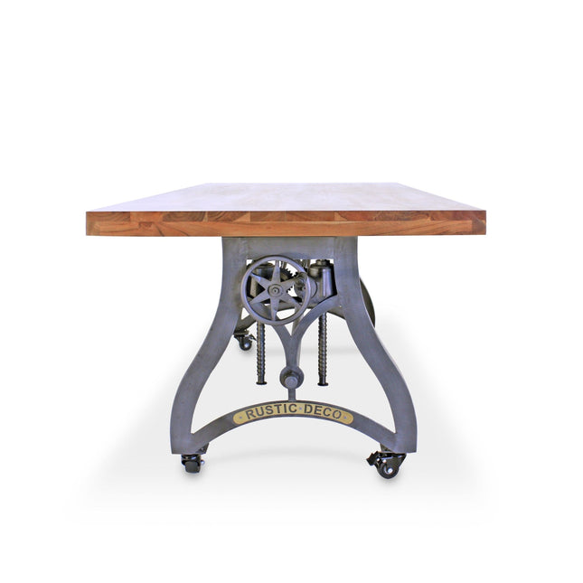 Crescent Industrial Dining Table - Adjustable Height - Casters - Natural Top - Rustic Deco