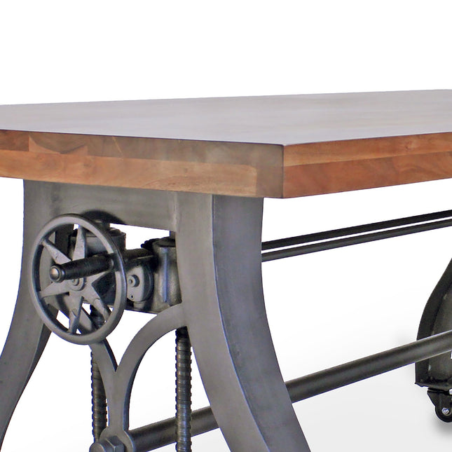 Crescent Industrial Dining Table - Adjustable Height - Casters - Natural Top - Rustic Deco