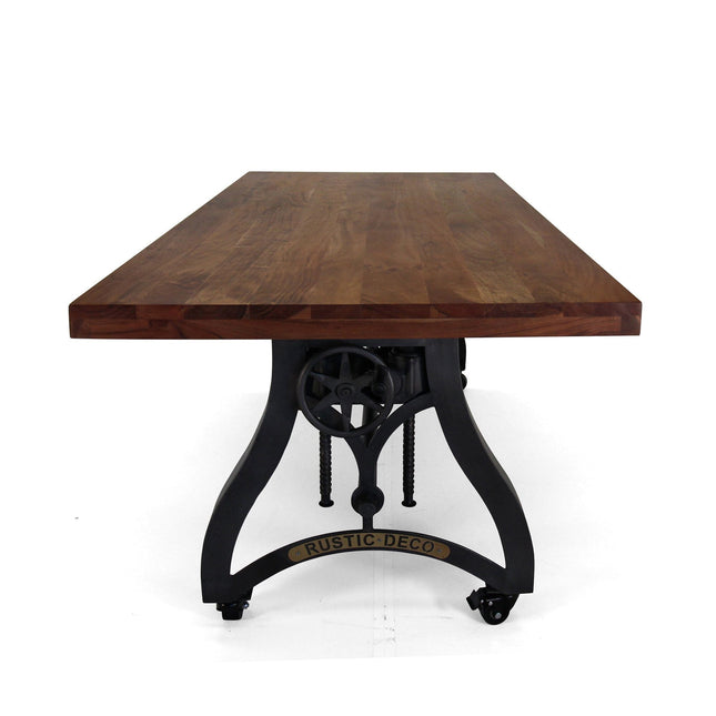 Crescent Industrial Dining Table - Adjustable Height - Casters - Provincial Top - Rustic Deco