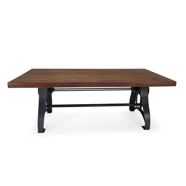 Crescent Industrial Dining Table - Adjustable Height - Casters - Provincial Top - Rustic Deco