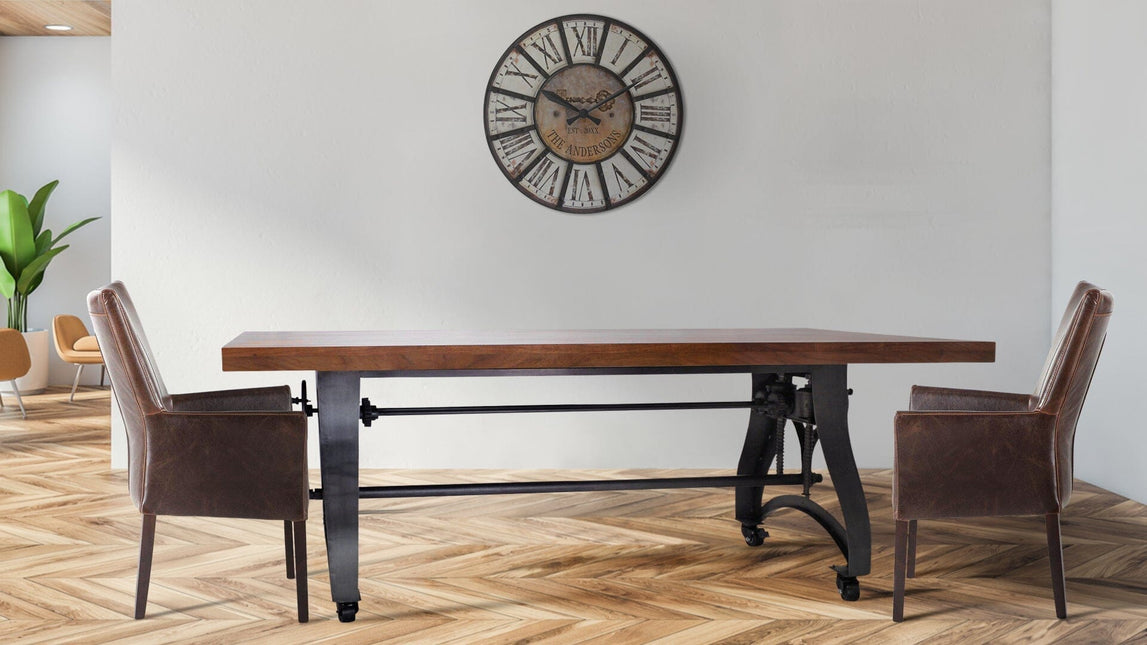 Crescent Industrial Dining Table - Adjustable Height - Casters - Provincial Top - Rustic Deco