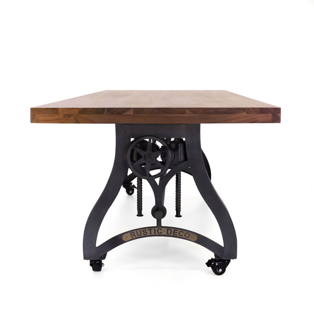 Crescent Industrial Dining Table - Adjustable Height - Casters - Provincial Top - Rustic Deco