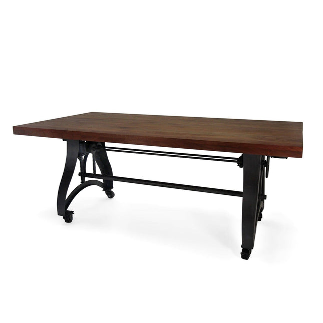 Crescent Industrial Dining Table - Adjustable Height - Casters - Provincial Top - Rustic Deco